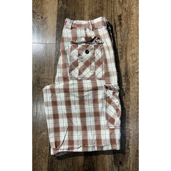 Koman Cargo Shorts Mens 32 White Brown‎ Plaid Utility Pockets Casual Flat Front - Picture 3 of 16